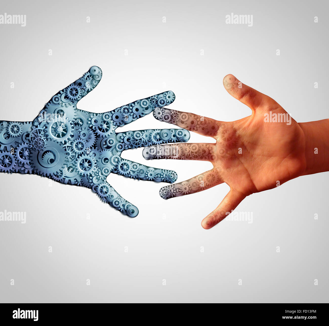 Merging with technology with man and machine coming together and merging into one as a technological concept of human computer engineering joining together with the intelligence of people. Stock Photo