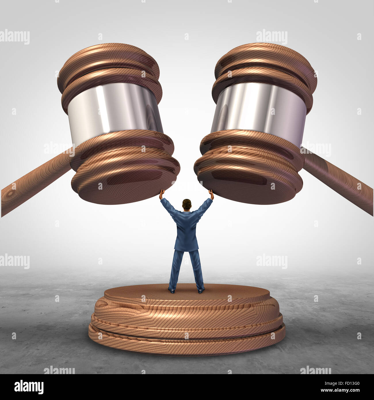 Mediation resolution and mediate legal disputes in business as a concept with a businessman or lawyer separating two judge mallets or gavel as competitors in arbitration. Stock Photo