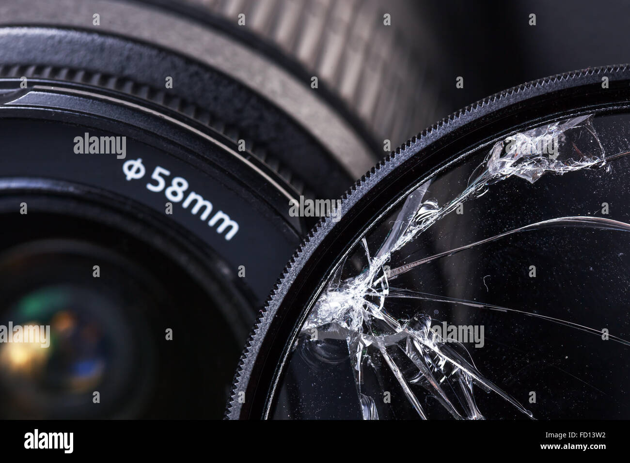 Broken glass, damaged equipment for photographing - the loss and failure Stock Photo