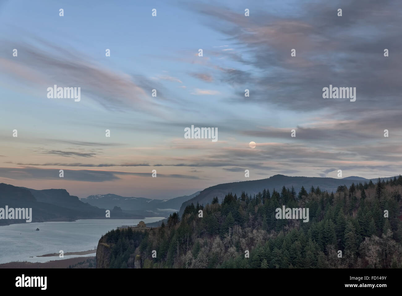 Full Moon Rising over Crown Point in Columbia River Oregon at