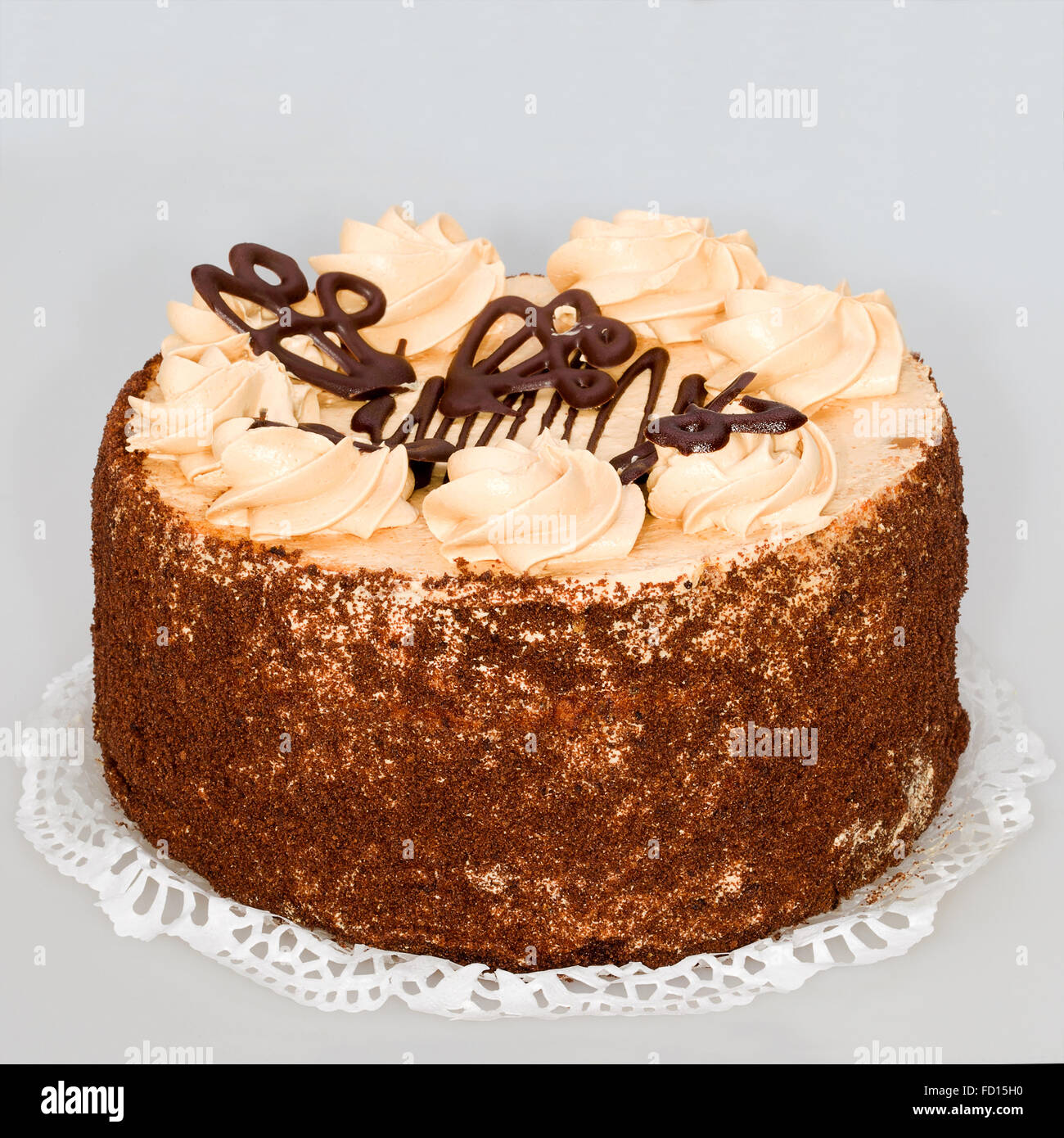 Sponge cake decorated with butter cream and milk chocolate Stock Photo