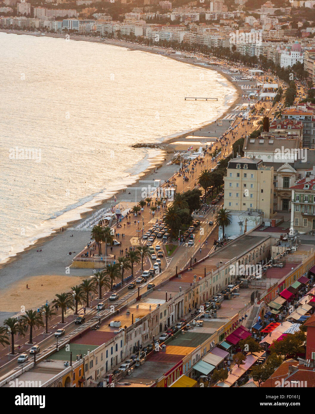 Nice, Cote d'Azur, France - aerial view of Promenade des Anglais at sunset. Stock Photo