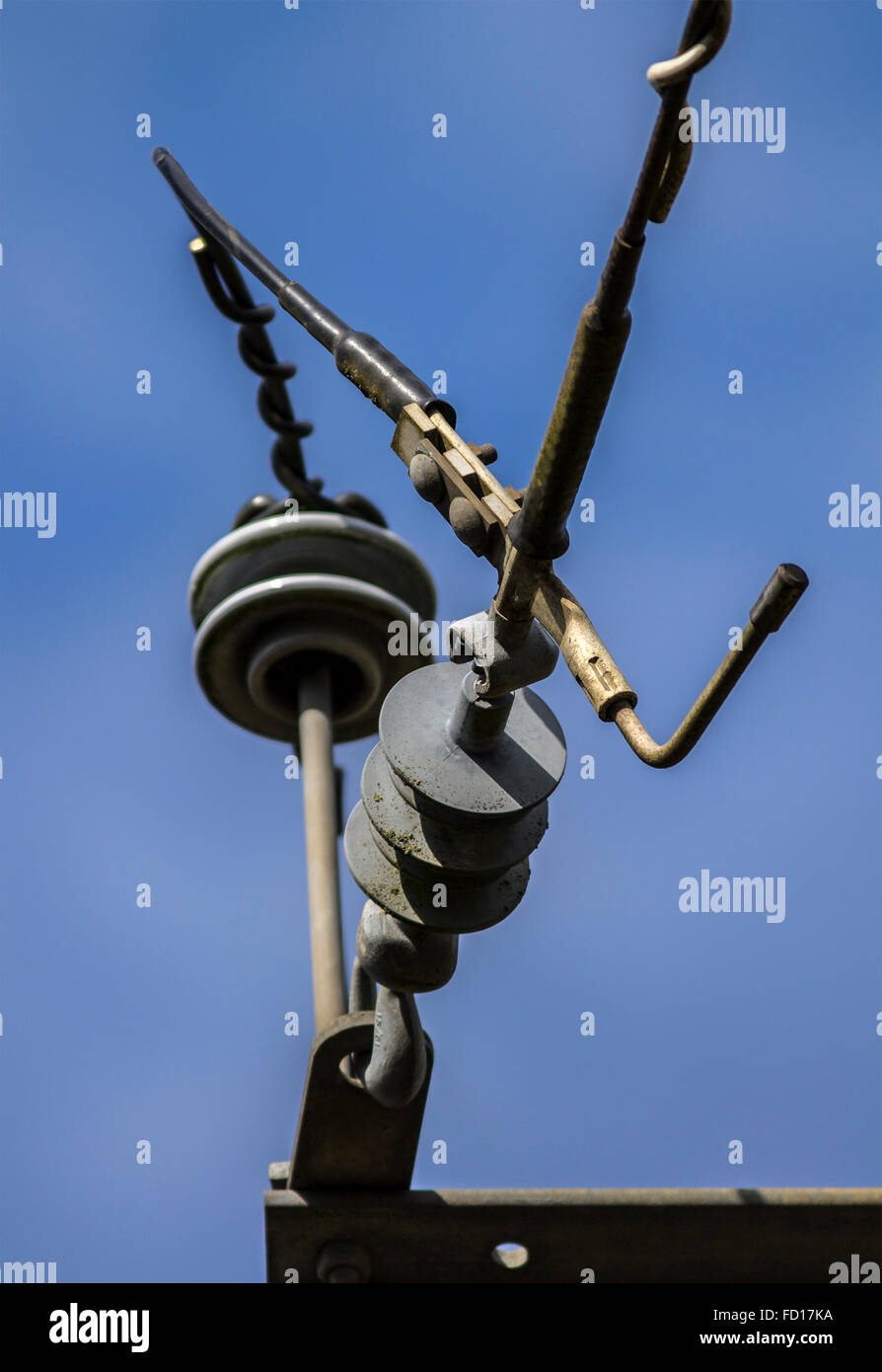 High voltage power lines against clear blue sky Stock Photo - Alamy
