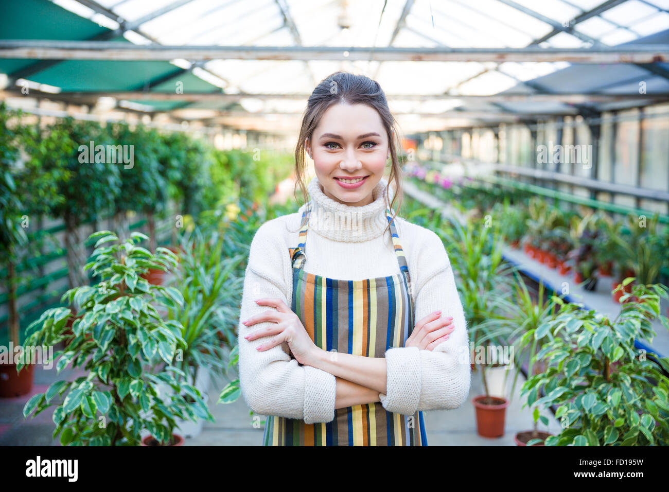 Beautiful happy young woman gardener in white sweater and colorful striped apron standing in orangery Stock Photo