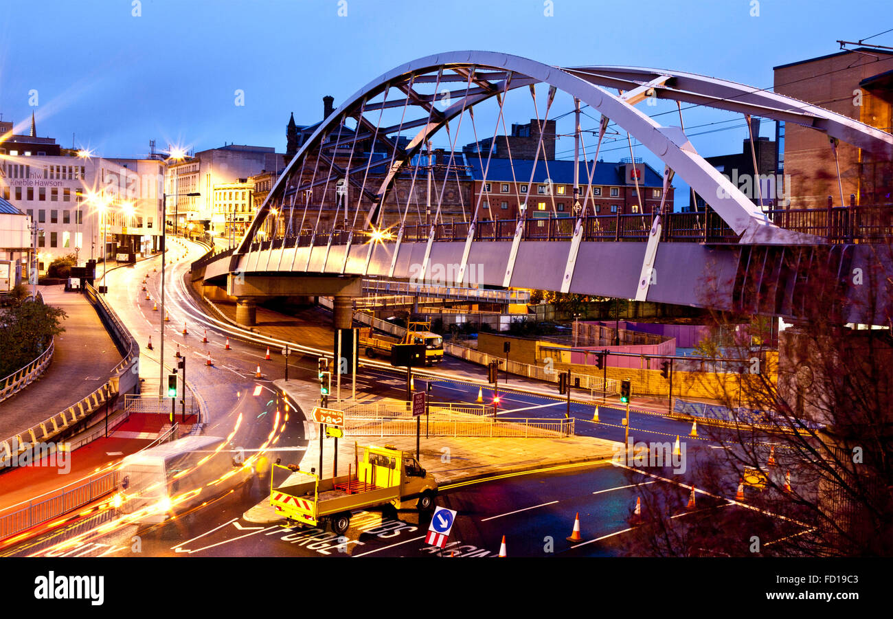 Sheffield Tram Bridge and lines by night as used in BBC line of duty series 5 Stock Photo