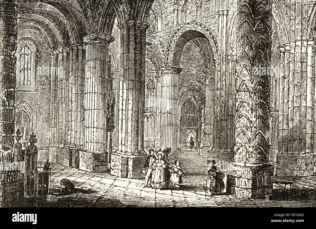 Interior of Durham Cathedral founded in the 11th century. Victorian woodcut engraving circa 1845. Stock Photo