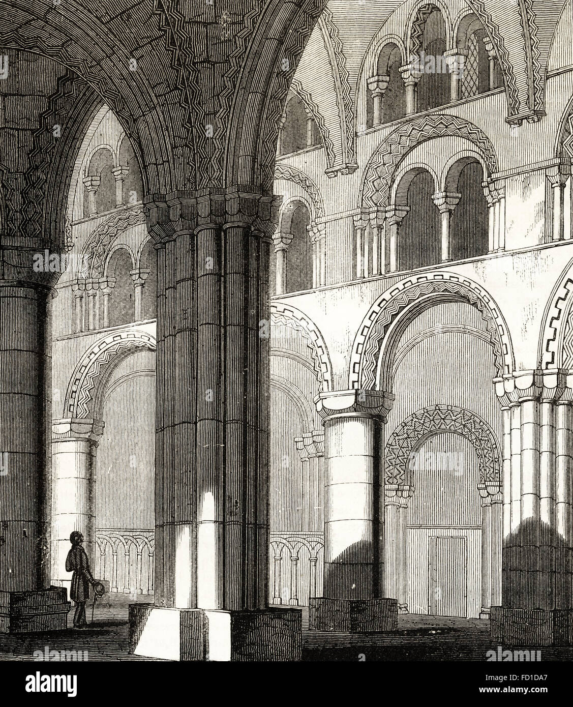 Nave of Durham Cathedral founded in 1093. Victorian woodcut engraving circa 1845. Stock Photo