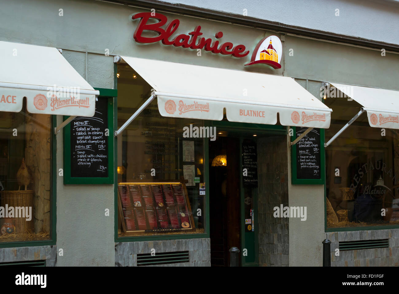PRAGUE, CZECH REPUBLIC - AUGUST 28, 2015: Facade of the restaurant Blatnice in old Town Prague, Czech Republic Stock Photo