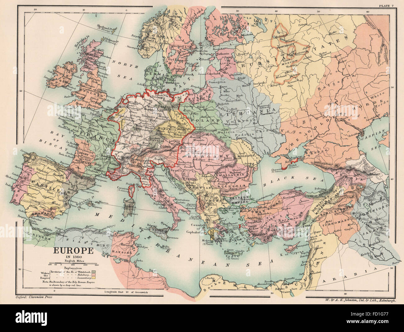 HOLY ROMAN EMPIRE: Europe in 1360, 1902 antique map Stock Photo