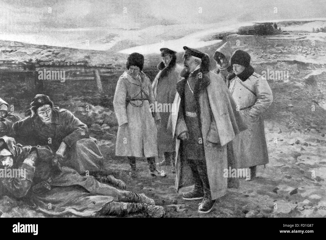 Russo-Japanese War (1904-1905). Last days of Port Arthur resistance. The Russian General Anatoly Stessel (1848-1915) visits the survivors of a combat of five days and five nights. Engraving by L. Sabattier.  'La Ilustración Artistica', 1905. Stock Photo