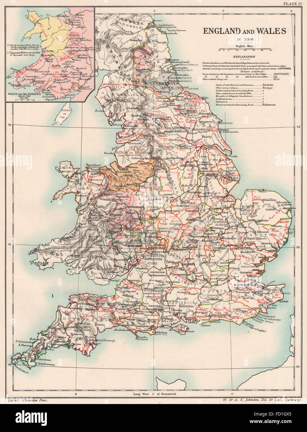 NORMAN BRITAIN 1086: England & Wales of Domesday book. Borders 1185, 1902 map Stock Photo