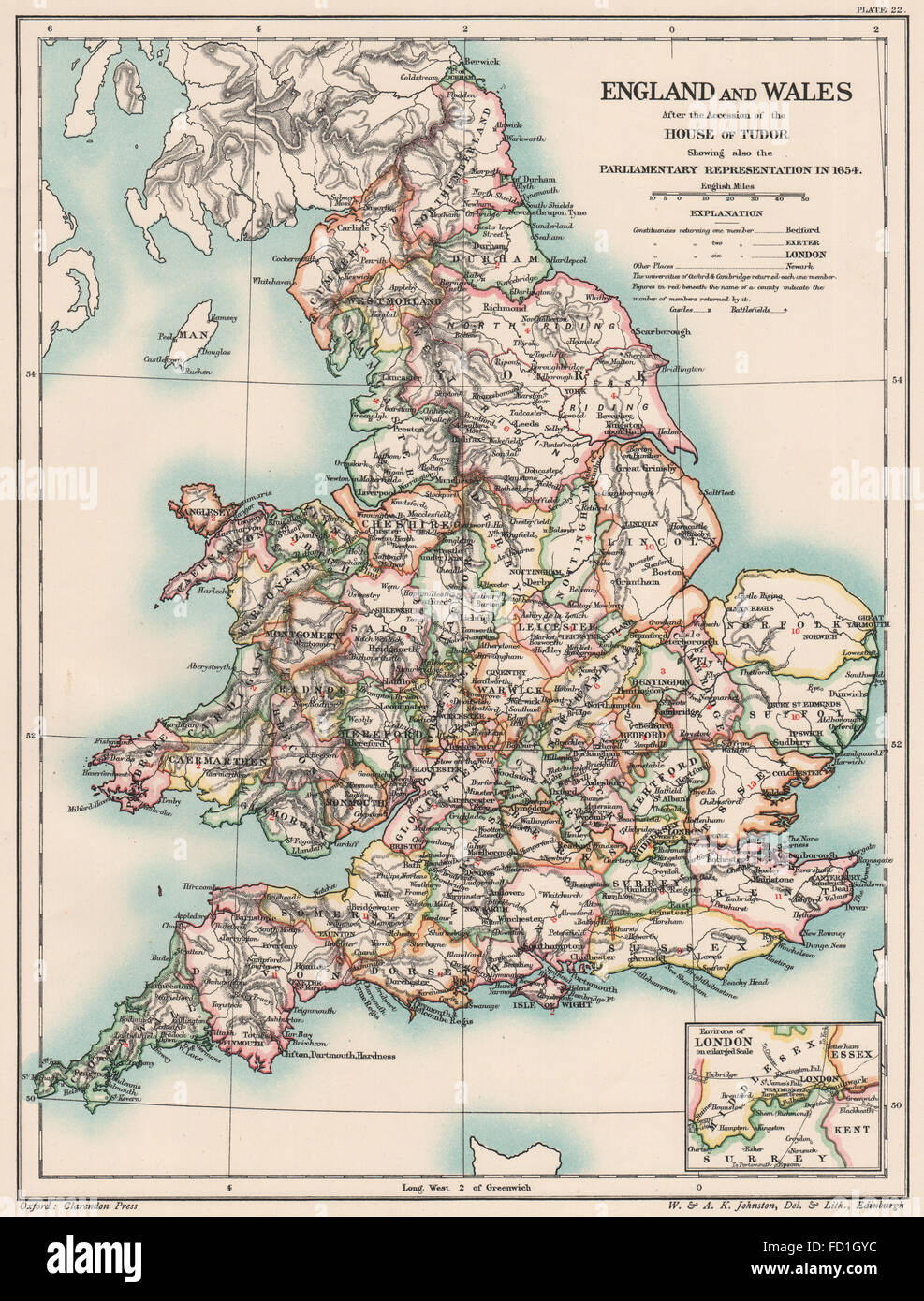 TUDOR BRITAIN: England Wales 1654. Parliamentary representation 1654, 1902 map