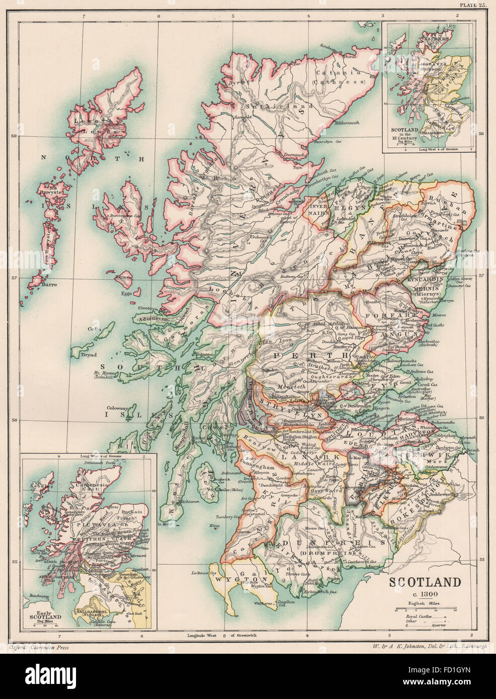 SCOTLAND IN 1300: inset in the 11th Century & Early Scotland, 1902 antique map Stock Photo