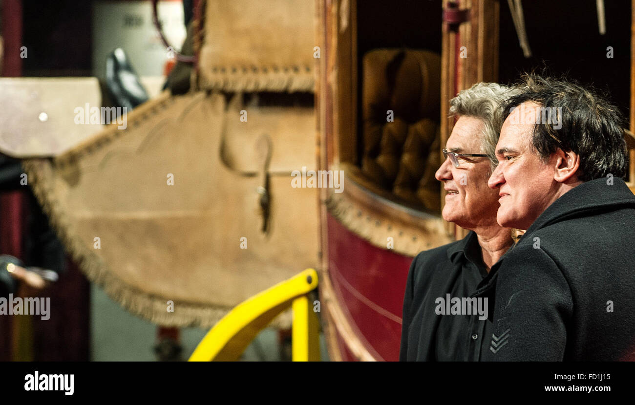 Berlin, Germany. 26th Jan, 2016. US American actor Kurt Russell (L) and US director Quentin Tarantino arrive for the German premiere of the film 'The Hateful 8' at the Zoo Palast cinema in Berlin, Germany, 26 January 2016. Photo: Paul Zinken/dpa/Alamy Live News Stock Photo