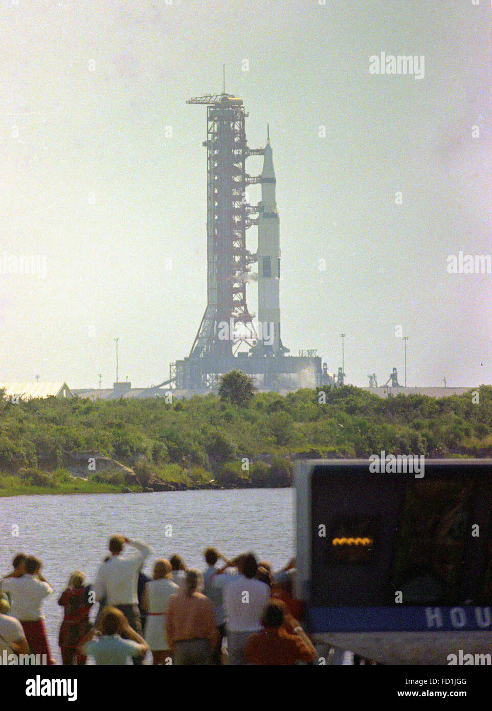 The Saturn V SA-506 launch vehicle with the Apollo 11 astronauts and equipment aboard, is pictured in the seconds prior to lift-off from Launch Complex 39A at the Kennedy Space Center at Cape Canaveral, Florida on Wednesday, July 16, 1969. It will launch the first manned mission to land on the Moon. Credit: Ron Sachs / CNP - NO WIRE SERVICE - Stock Photo