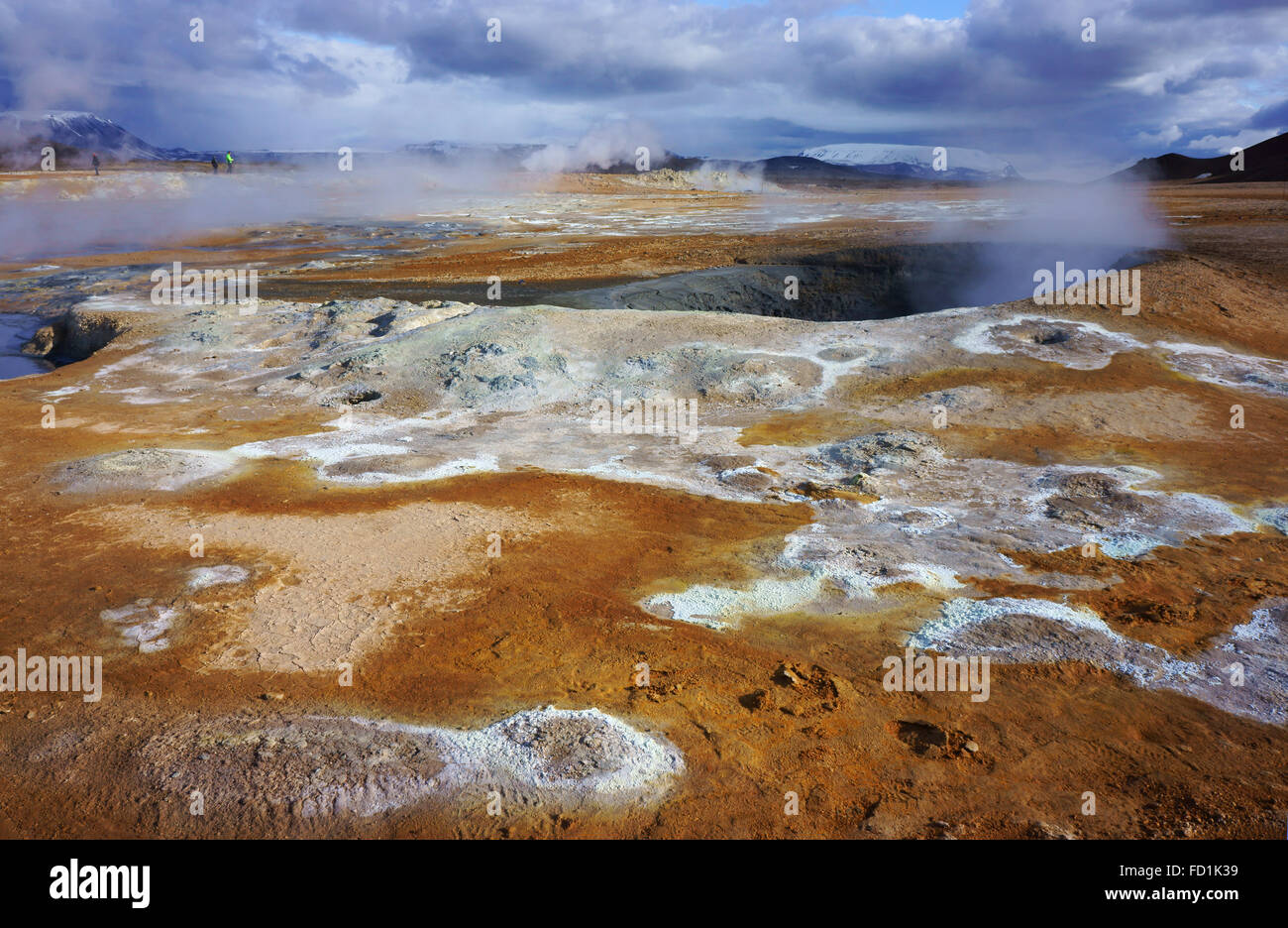 People watching boiling mud pots at Namaskard geothermal area, Iceland Stock Photo