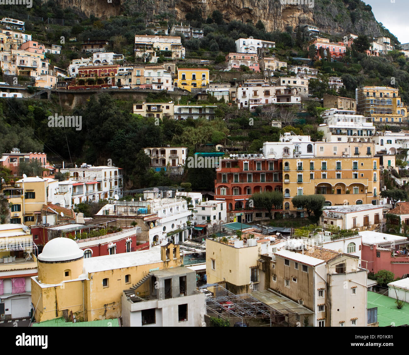 Multi-coloured buildings on the cliffs in Positano Stock Photo