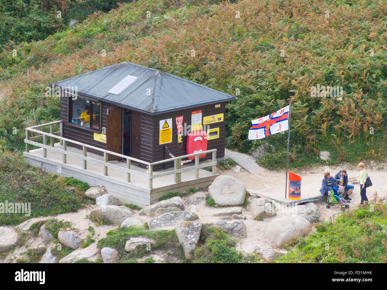 R.N.L.I. Lifeguard Station Hut, Porthcurno, Cornwall, England, UK in Summer Stock Photo