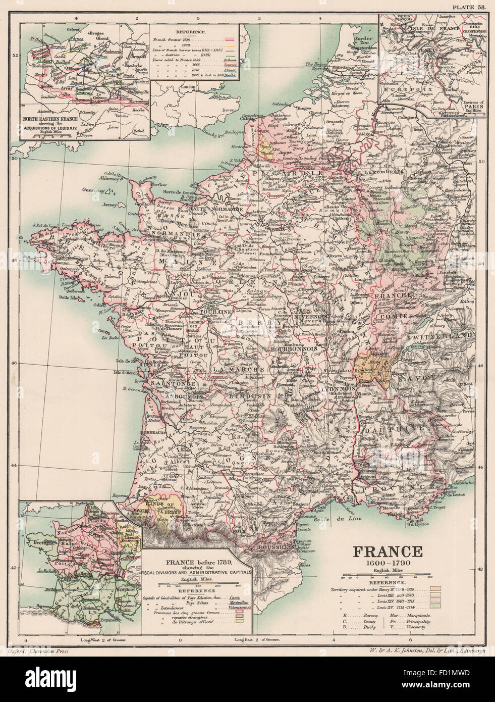 FRANCE 1600-1790: Louis XIV acquisition. < 1789 divisions, 1902 antique map Stock Photo