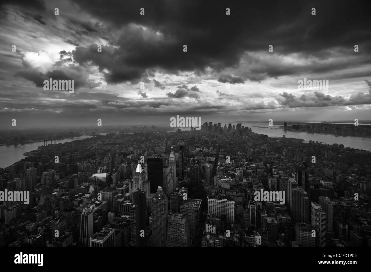 A black and white image of the view from top of the Empire State Building, New York City, New York, United States of America. Stock Photo