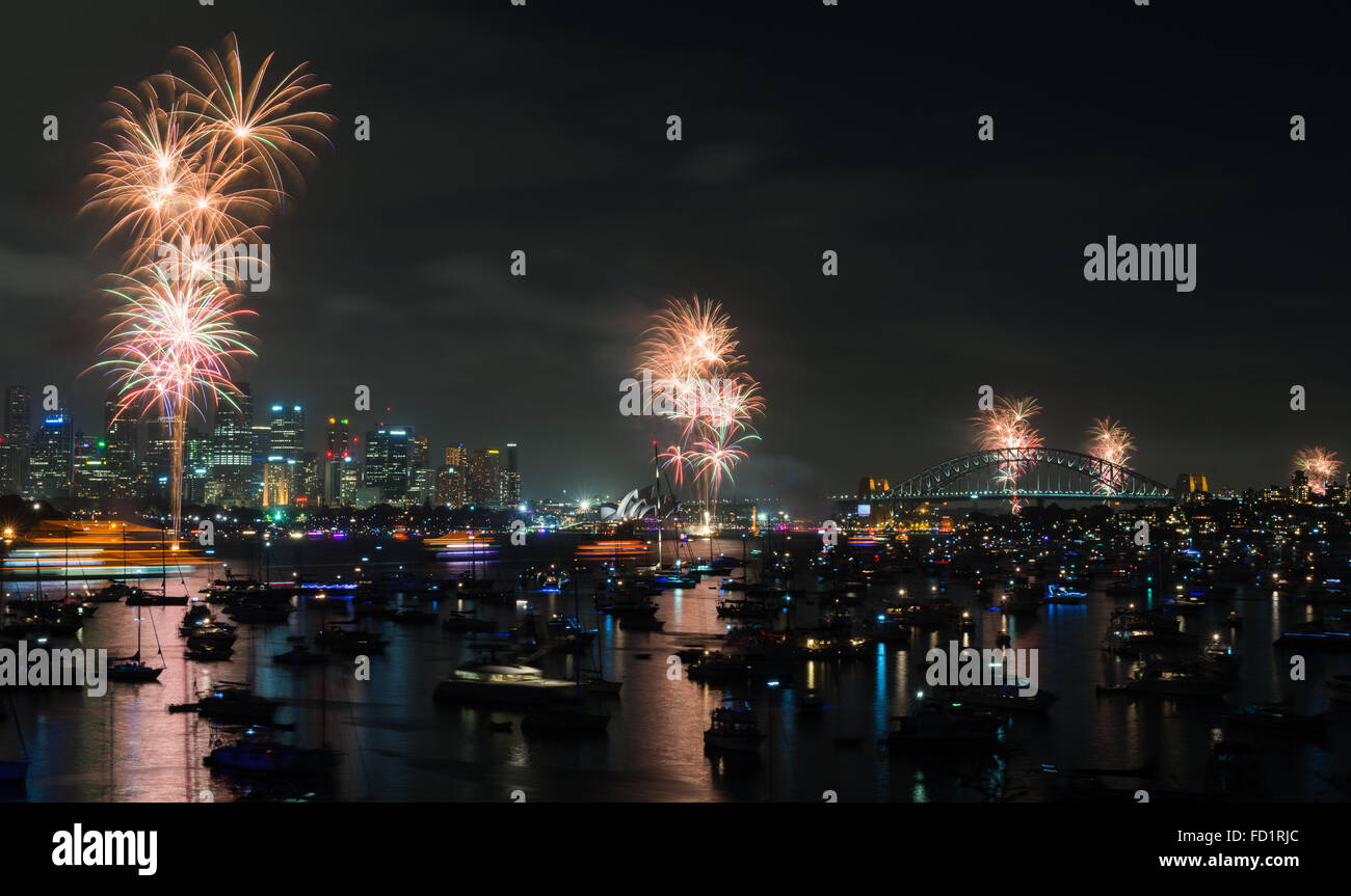 Sydney New Year Eve fireworks overlooking the harbour. Stock Photo