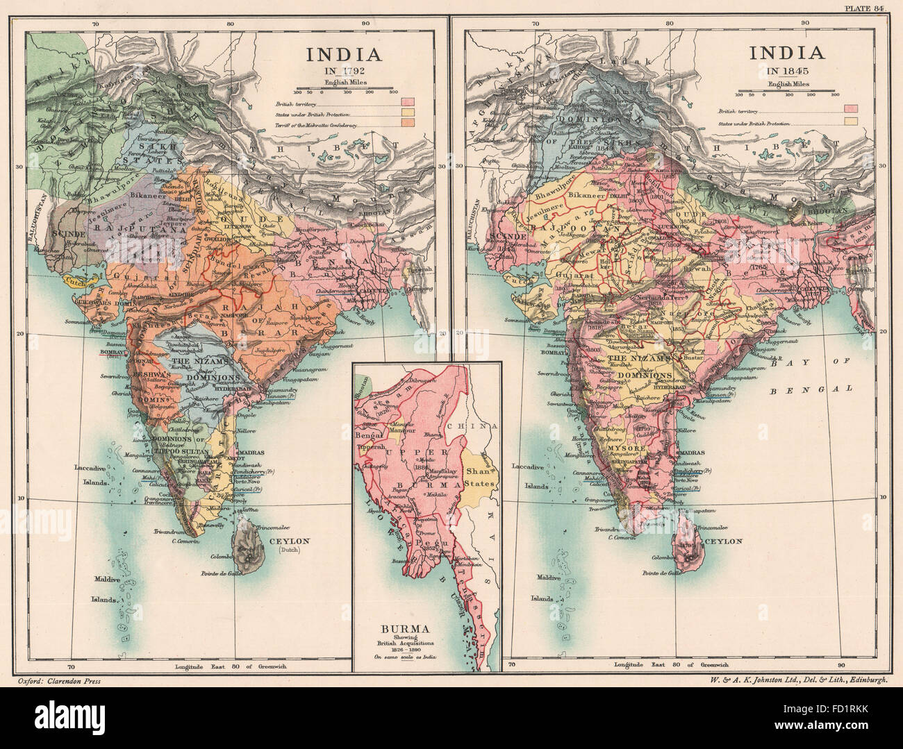 INDIA SHOWING BRITISH EXPANSION in 1792 & 1845. Burma 18261890, 1902