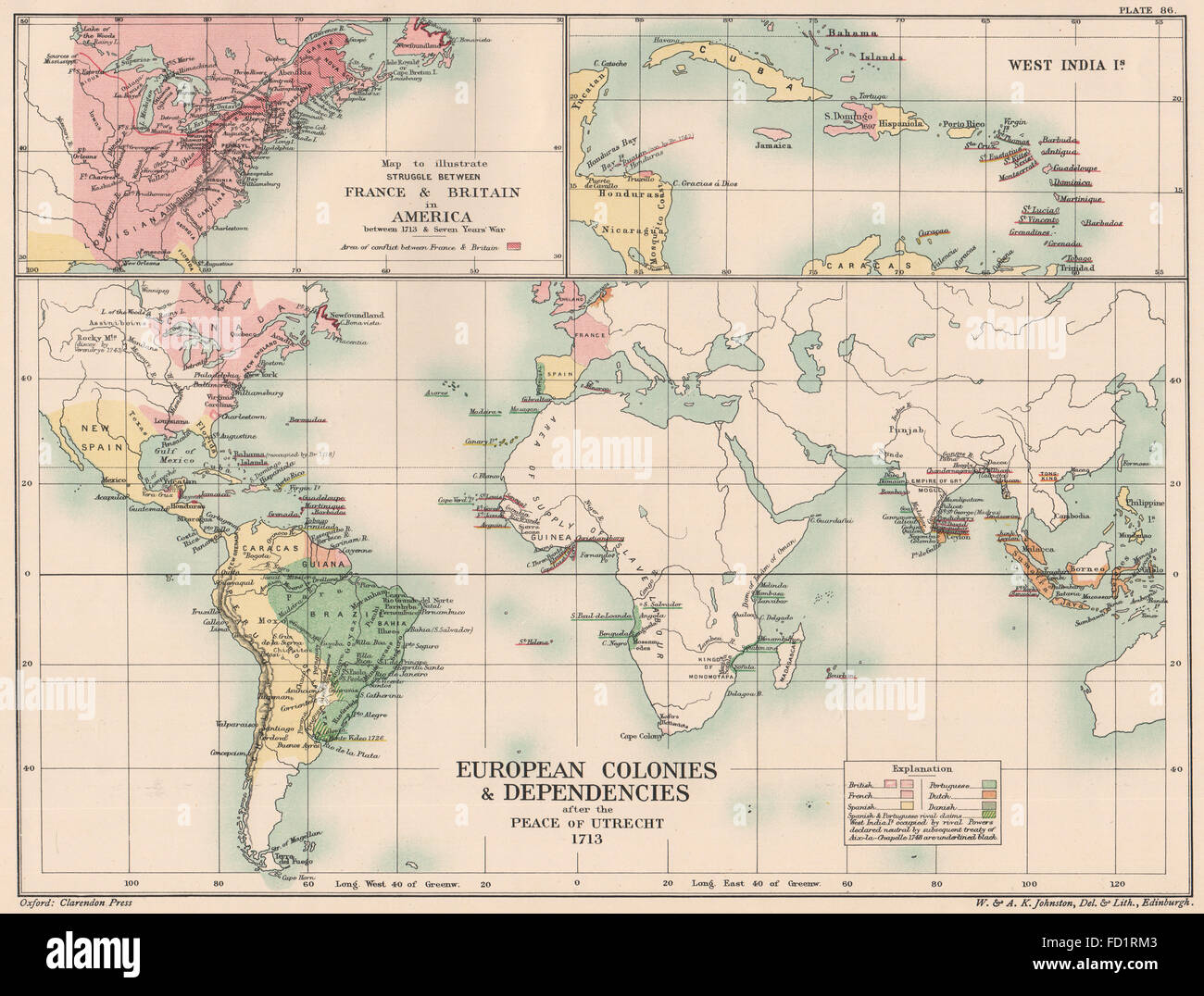 EUROPEAN COLONIES 1713: Peace of Utrecht. Americas: France v Britain, 1902 map Stock Photo