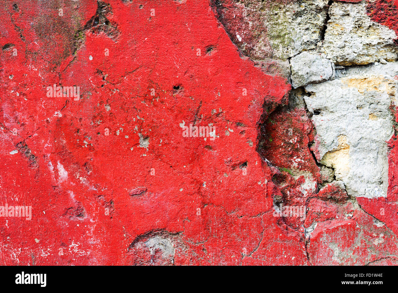 Dirty concrete wall with red stains water stains, cracks and scratches