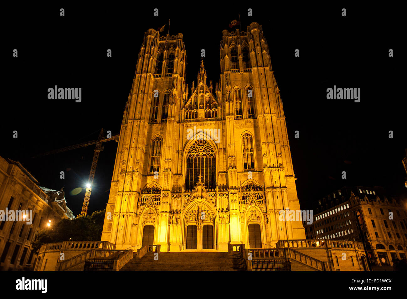 Night view of the Cathedral of St. Michael and St. Gudula gothic style of the early twelfth century. It is one of the architectu Stock Photo