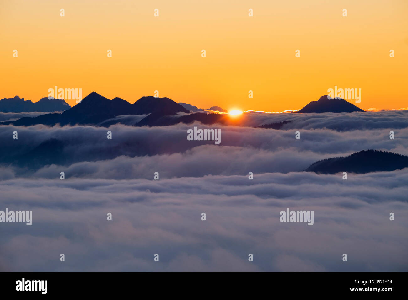 Sunrise on Jochberg mountain with cloud cover, Bavarian Prealps, Kochel, Upper Bavaria, Bavaria, Germany Stock Photo