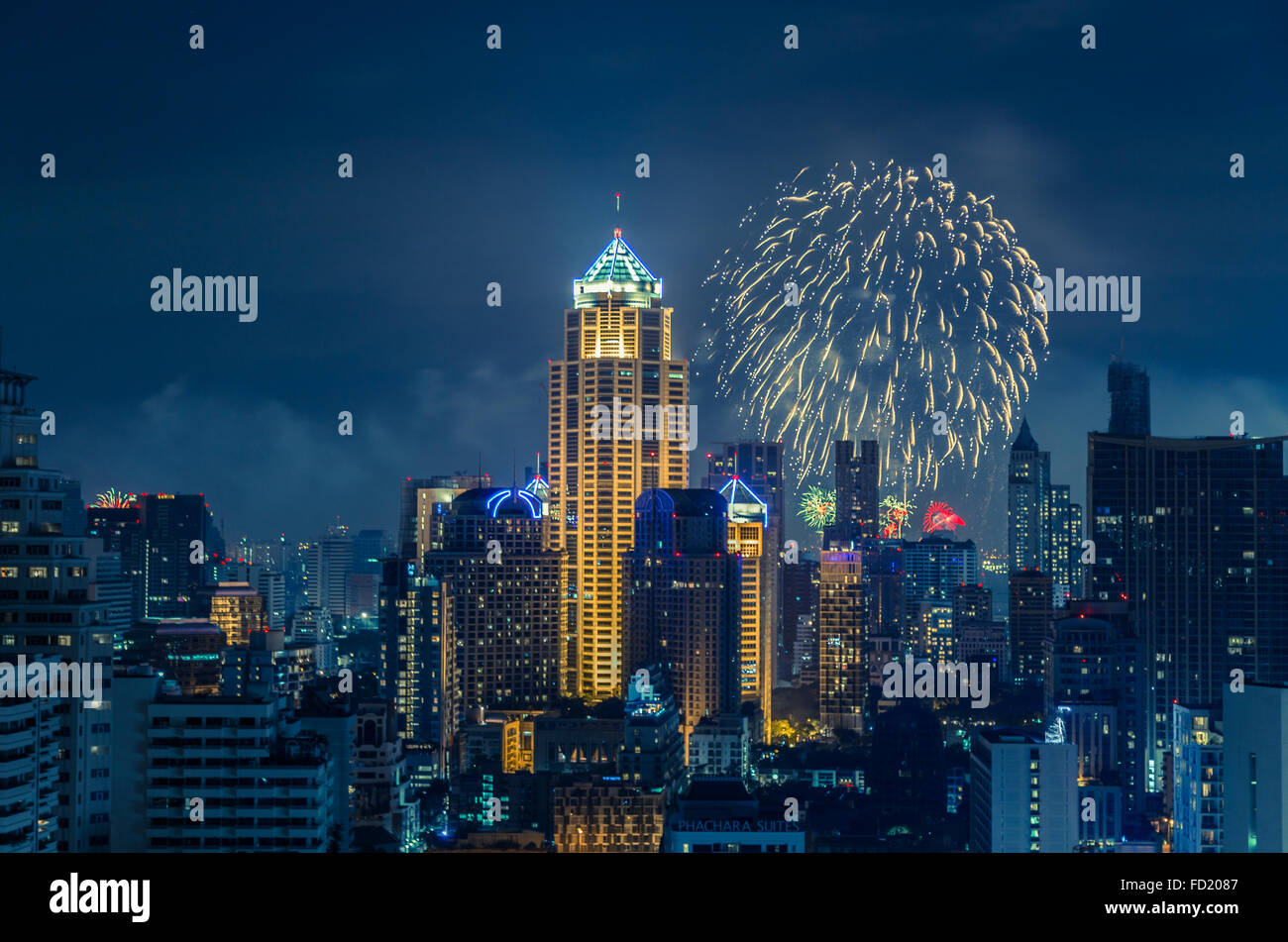 Bangkok skyline at new years eve night panorama Stock Photo - Alamy