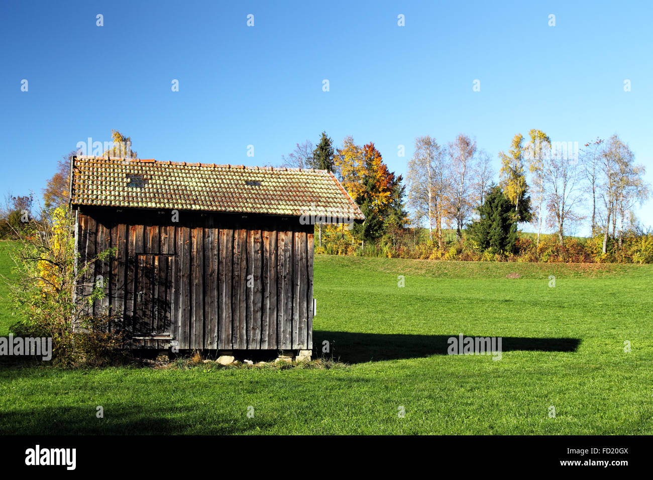 Wooden Cabin on a meadow in Allgäu, Bavaria, Germany. Stock Photo