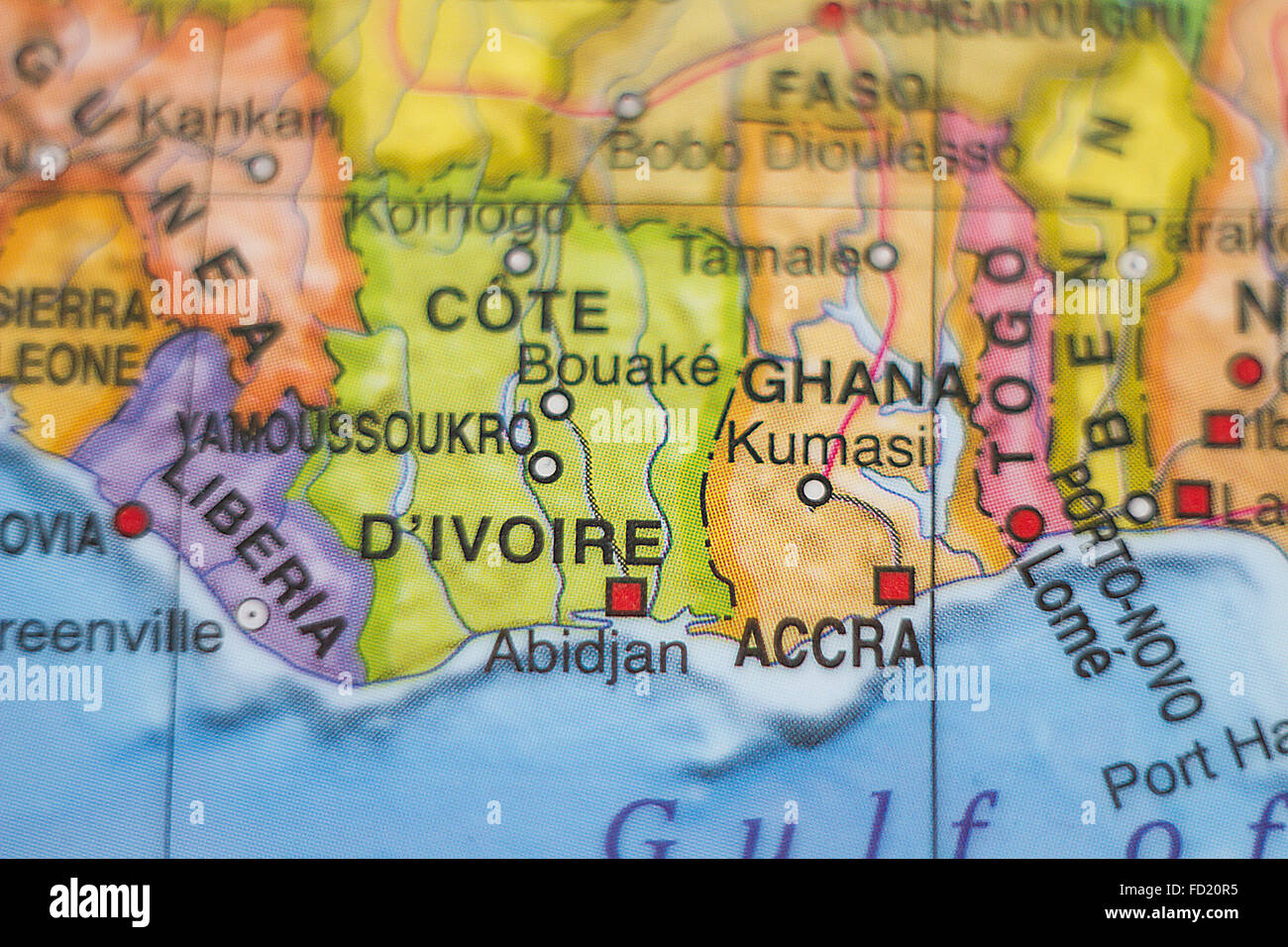 Photo of a map of Cote Divoire  and the capital Abidjan . Stock Photo