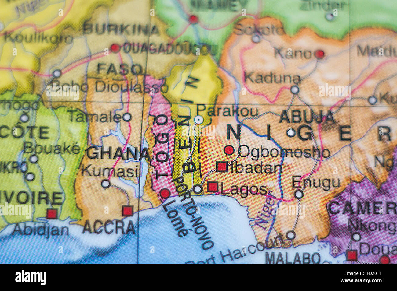 Photo of a map of Benin and the capital Porto-novo . Stock Photo