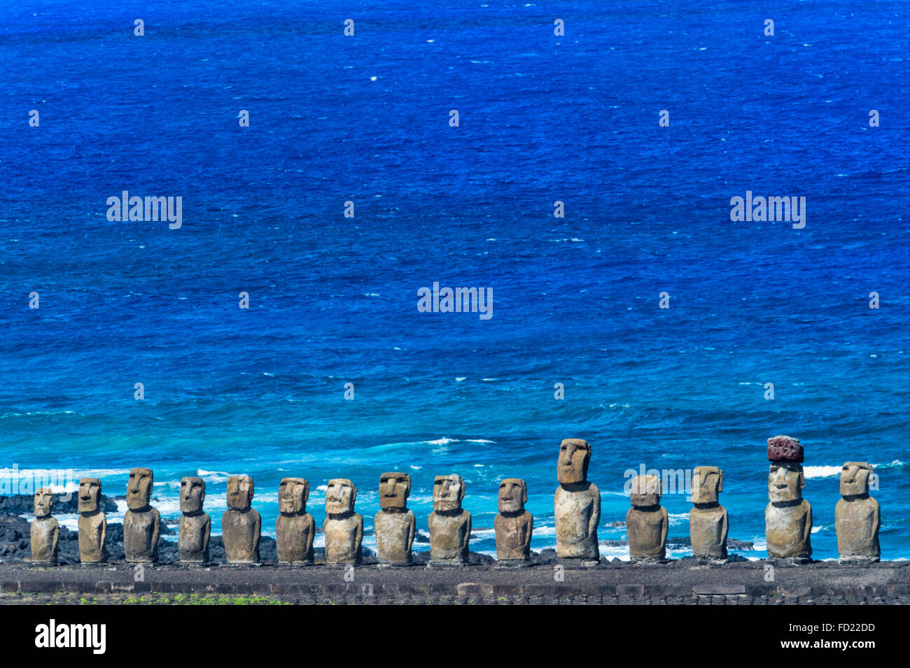 Moais at Ahu Tongariki, Rapa Nui National Park, Easter Island, Chile, Unesco World Heritage Stock Photo