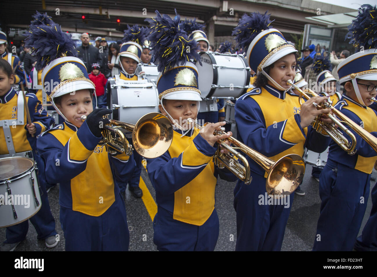 Elementary school marching band at the Three Kings Day Parade in Williamsburg, Brooklyn, NY. Stock Photo