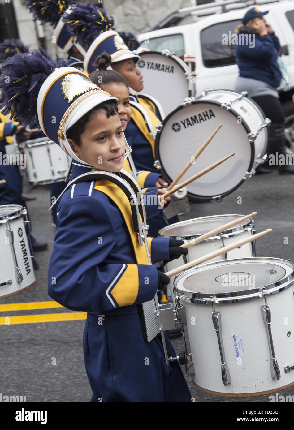 Elementary school marching band at the Three Kings Day Parade in Williamsburg, Brooklyn, NY. Stock Photo