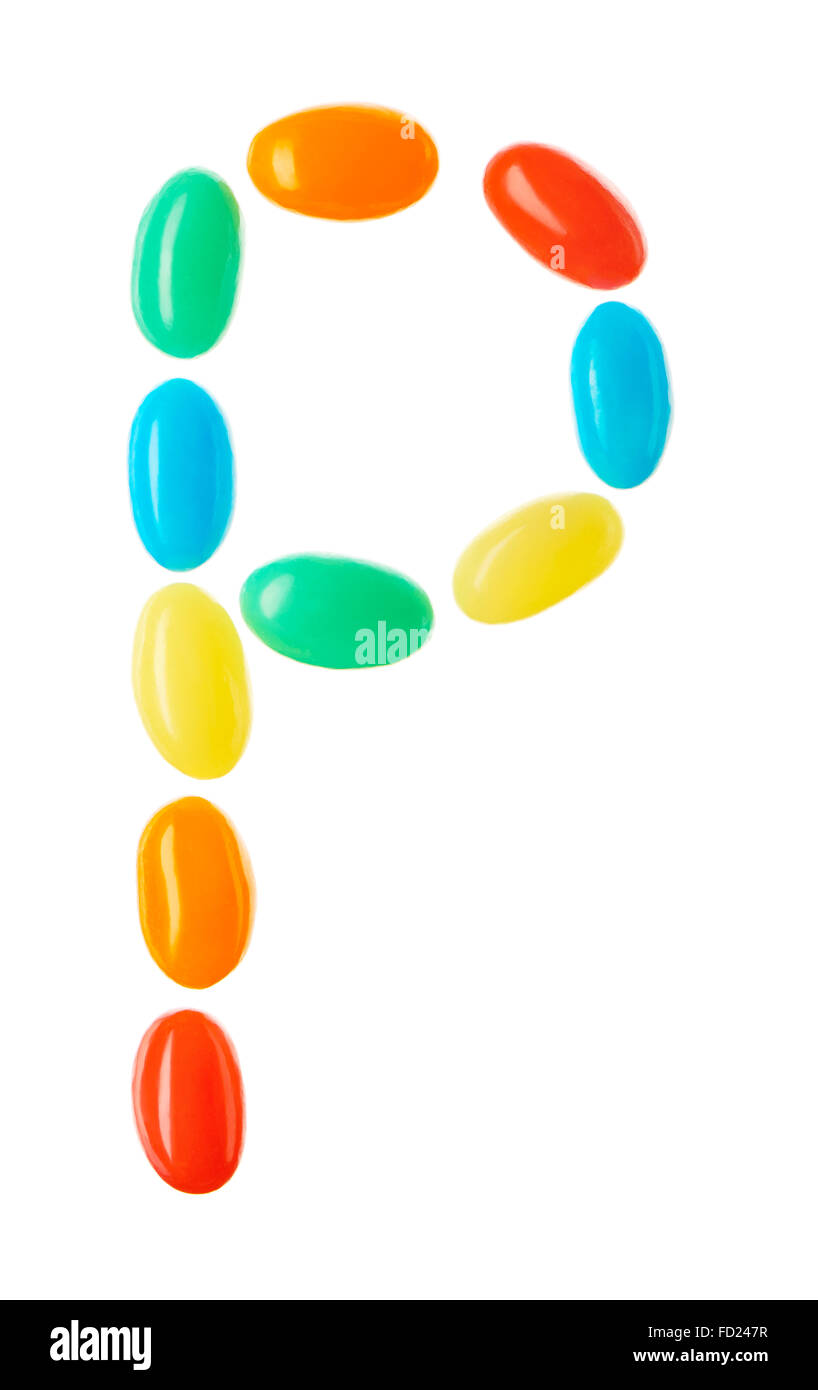 P letter made of multicolored candies isolated on white background