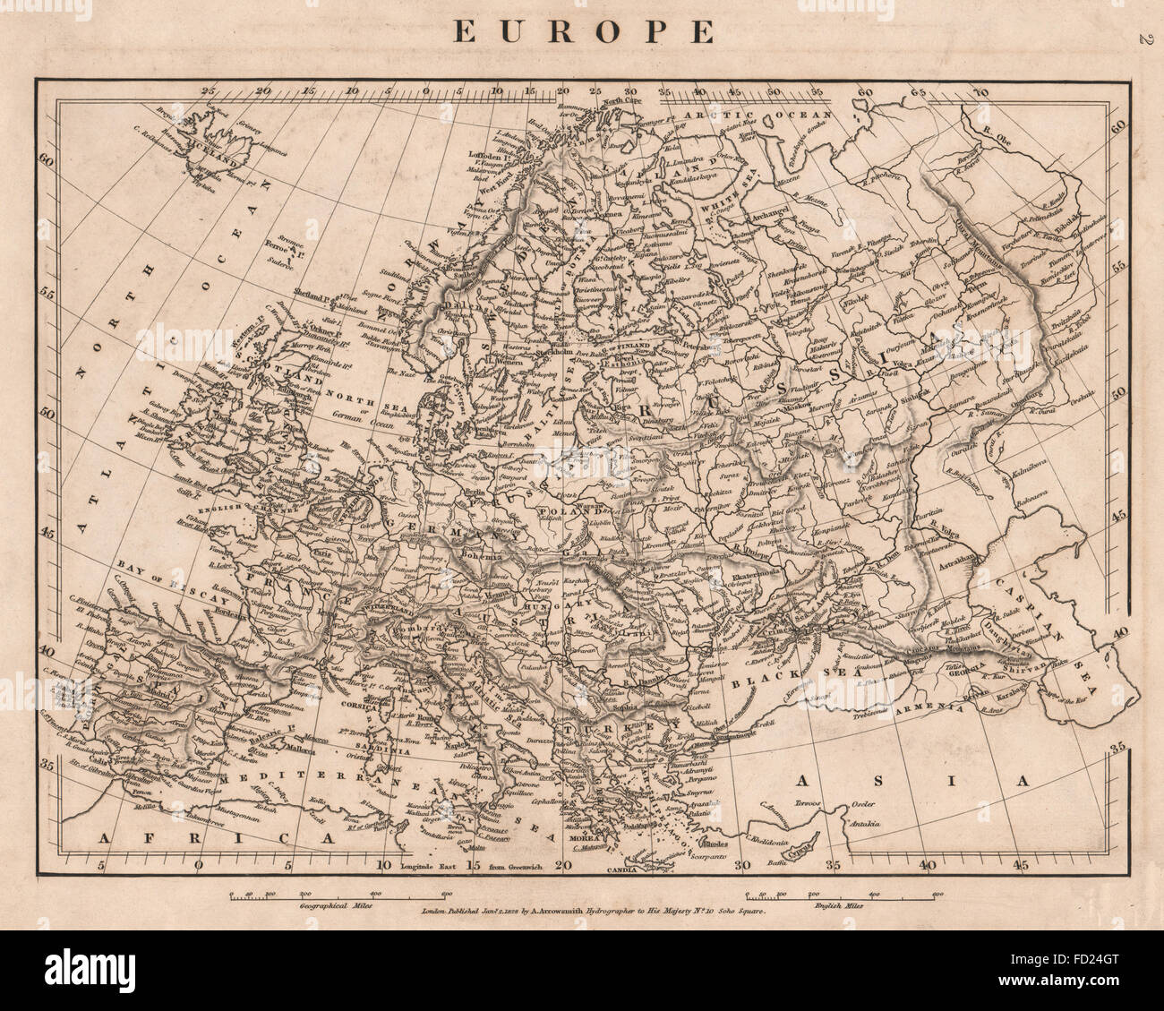 EUROPE: Map of Europe. Original outline colour. ARROWSMITH, 1828 Stock Photo