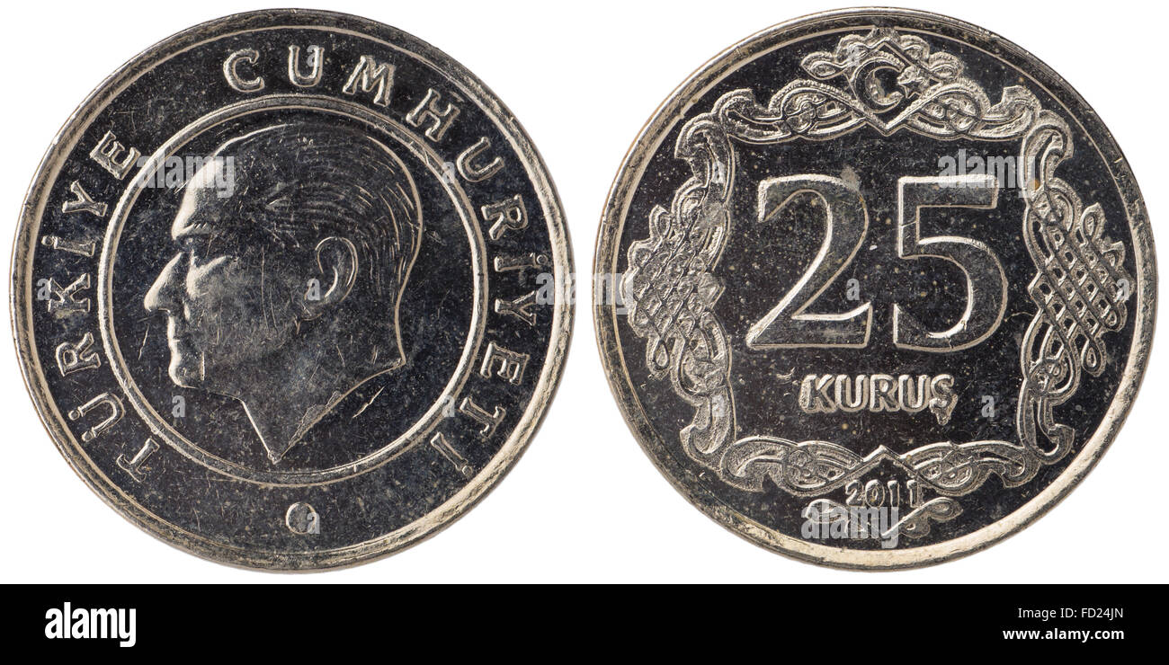25 Turkish kurus coin, 2011, both sides, isolated on white background ...