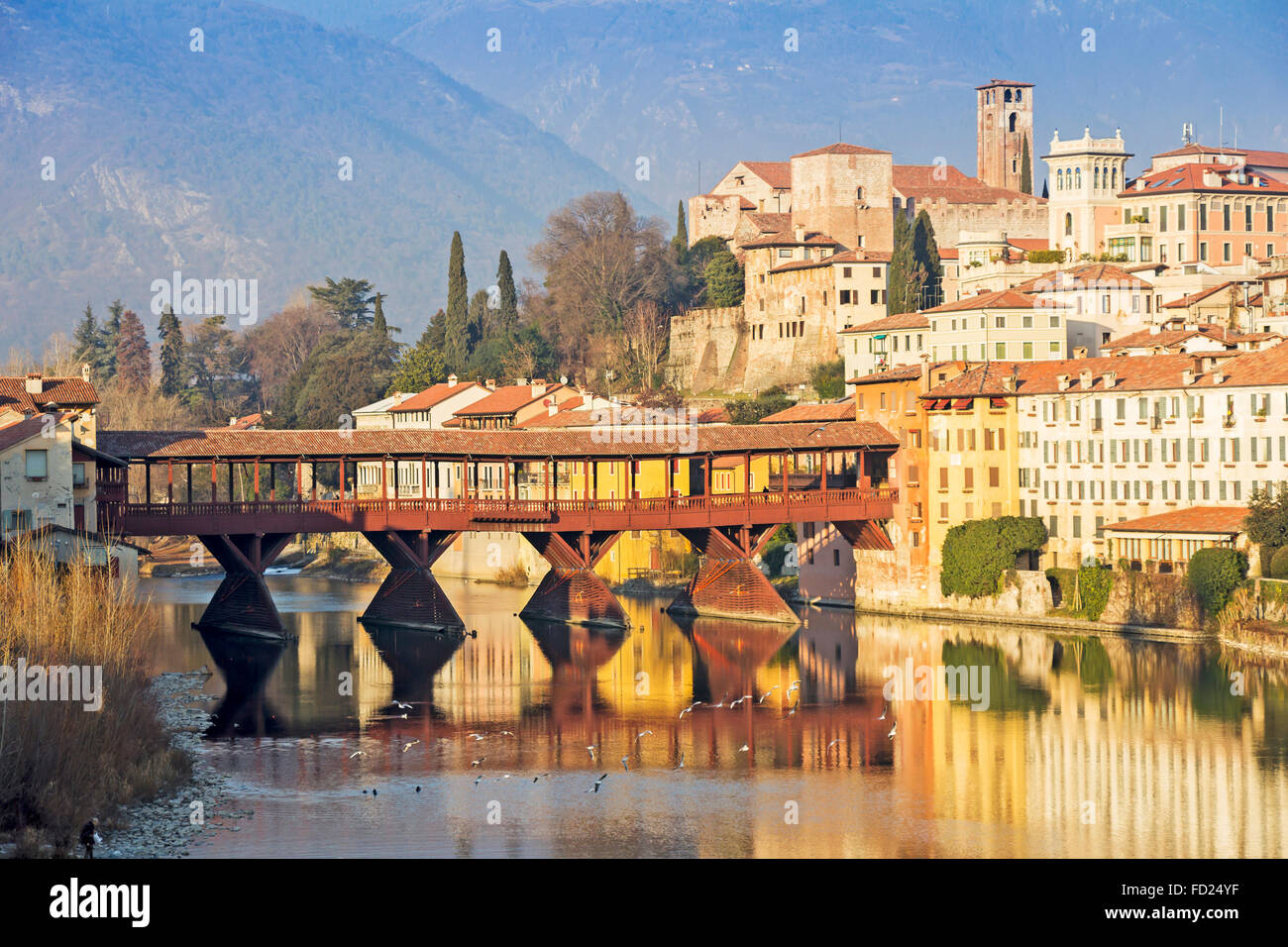 Famous Old Wooden Bridge Ponte Vecchio In Village Bassano Del