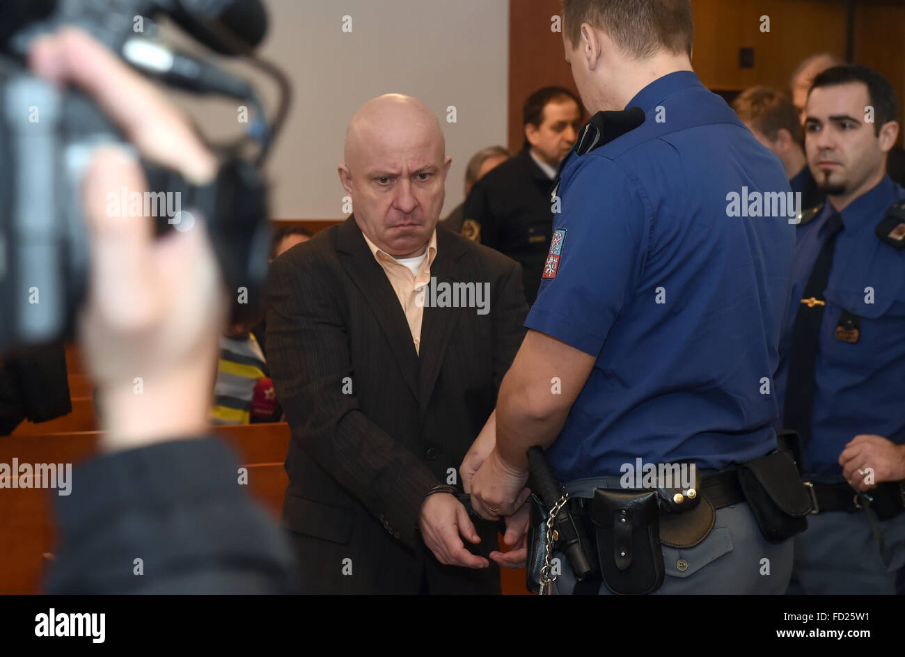 Regional Court in Novy Jicin starts proceedings against Polish lorry driver Slawomir Wojciech Sondaj, pictured, who caused a collision with a high-speed train that claimed three lives near Studenka, north Moravia, in Novy Jicin, Czech Republic, January 27, 2016. On July 22, the Polish lorry transporting sheet metal entered a level crossing, although the gates were going down and the red light was on. A high-speed Pendolino train, running at 142 km/hour, bumped into the lorry. However, the Polish driver escaped without serious injuries since the train cut off the cab. The rest of the lorry caug Stock Photo