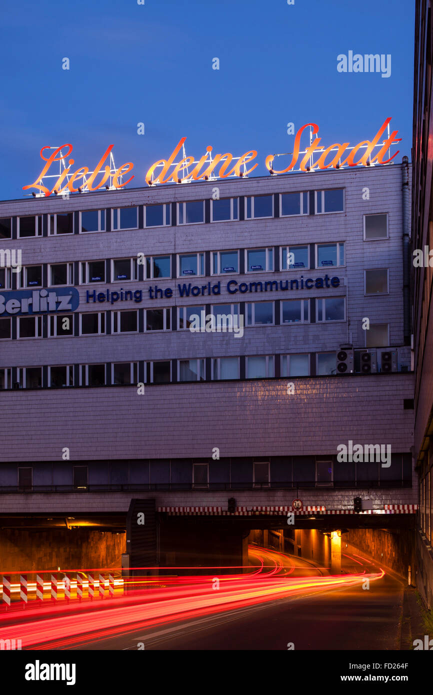Europe, Germany, North Rhine-Westphalia, Cologne, sign of the procect 'Liebe deine Stadt = Love your Town' at the street Nord-Su Stock Photo