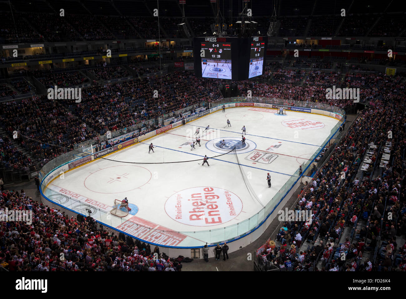 Europe, Germany, Cologne, ice hockey match of the team KEC (Koelner Haie) at the Lanxess Arena (Cologne Arena) in the town distr Stock Photo