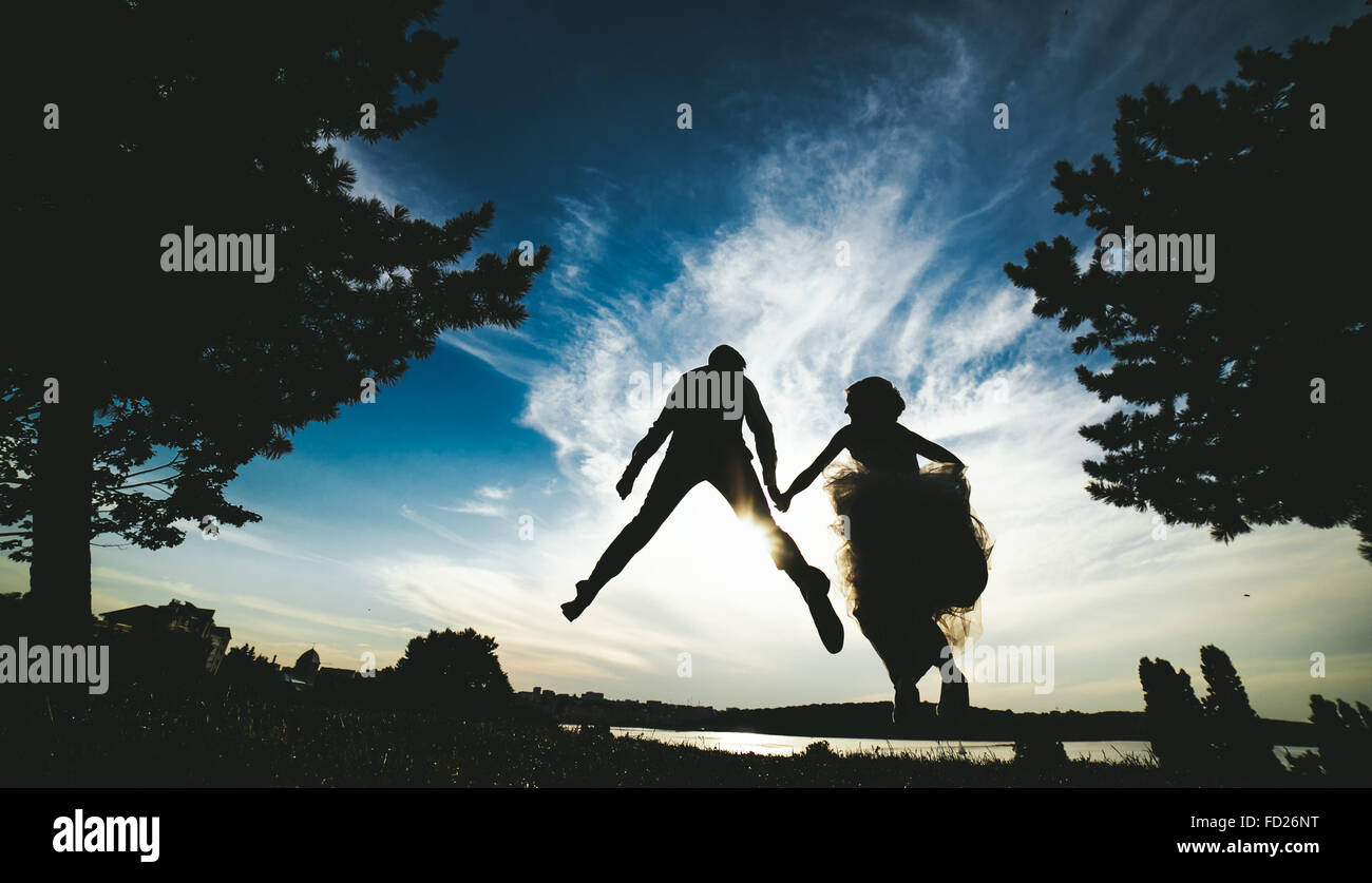 groom and bride jumping against the beautiful sky Stock Photo - Alamy