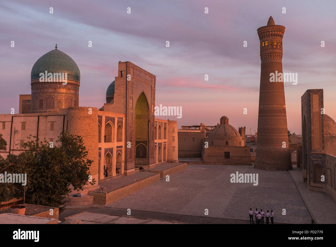 Square Poi Kalon, Bukhara, Uzbekistan, Madrasa and Minaret. Stock Photo