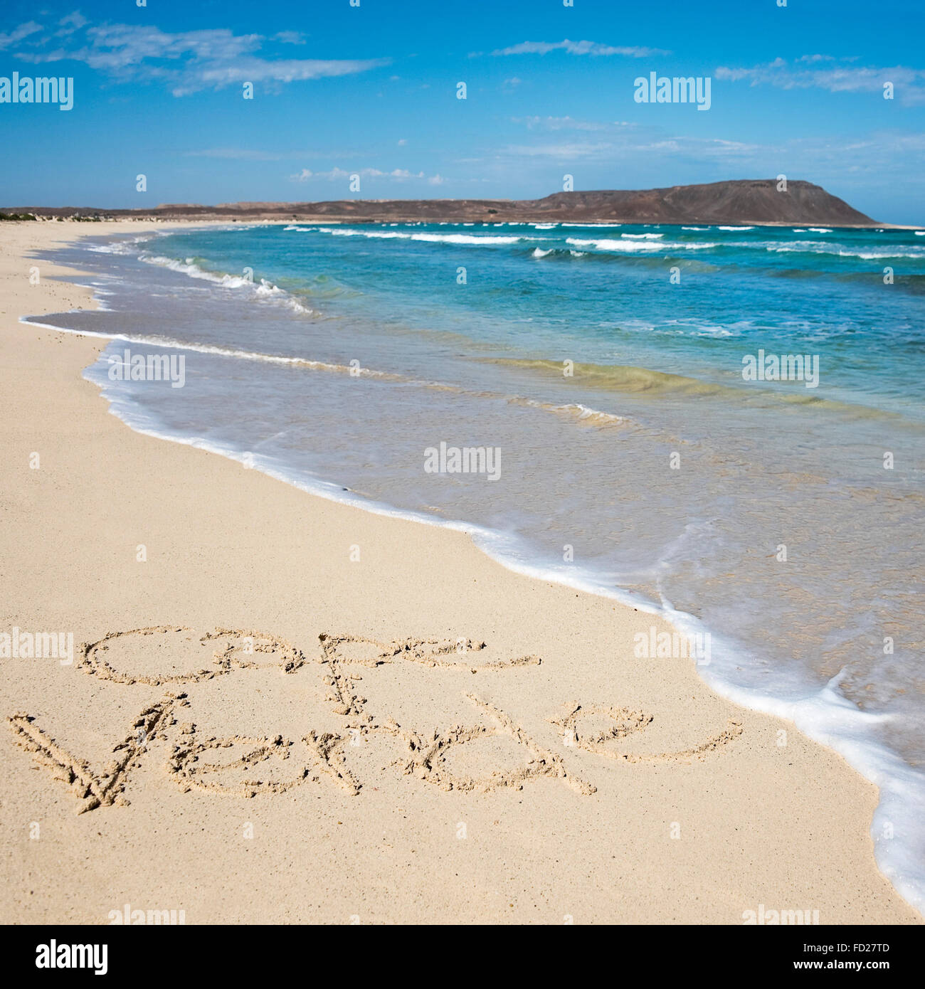 Square view of Cape Verde written in the sand at Kite Beach. Stock Photo