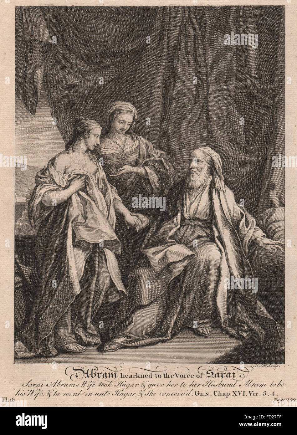 BIBLE: Genesis 16:3-4 Abram hearkned to the voice of Sarai, antique print 1752 Stock Photo