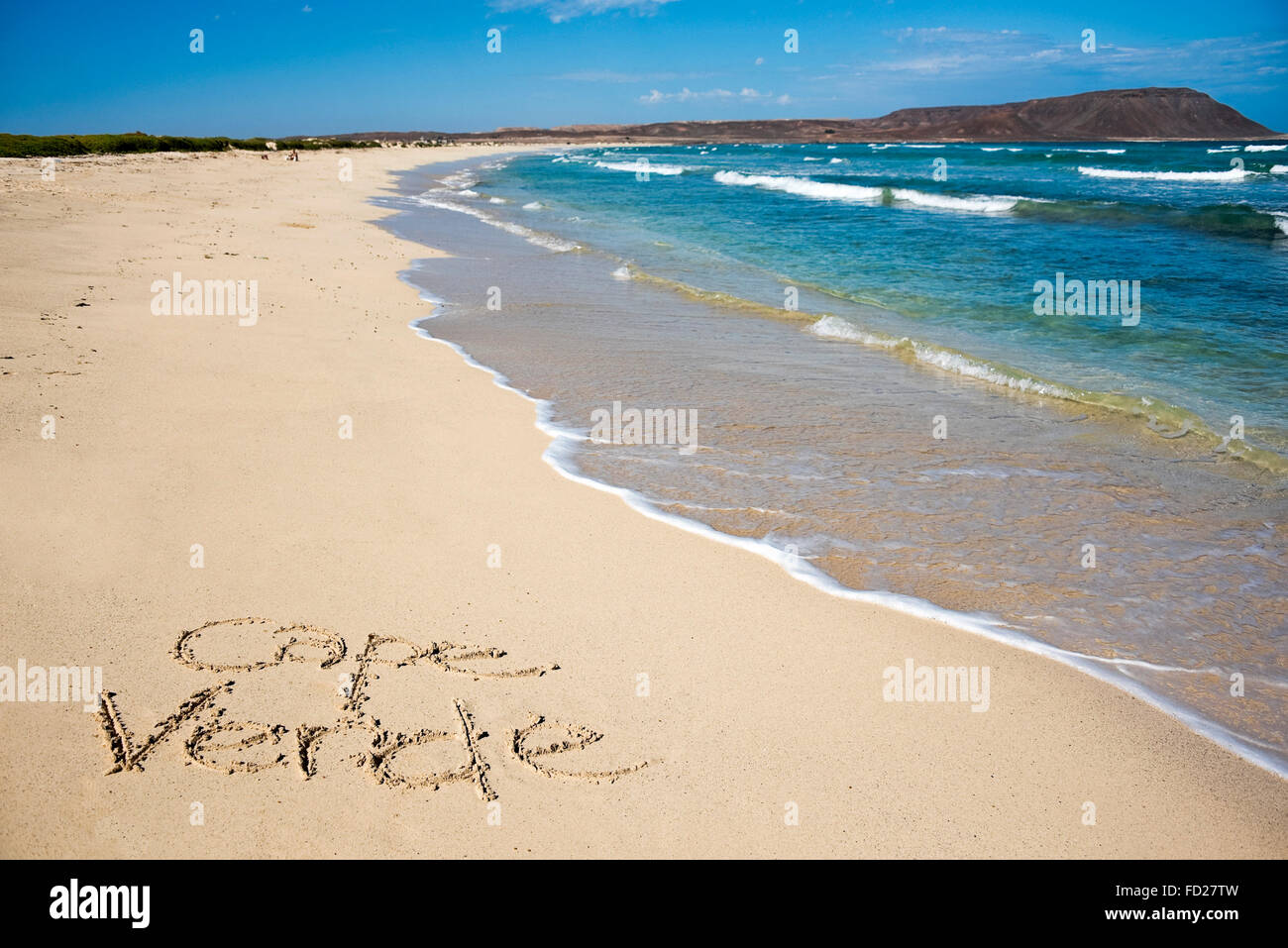 Horizontal view of Cape Verde written in the sand at Kite Beach. Stock Photo