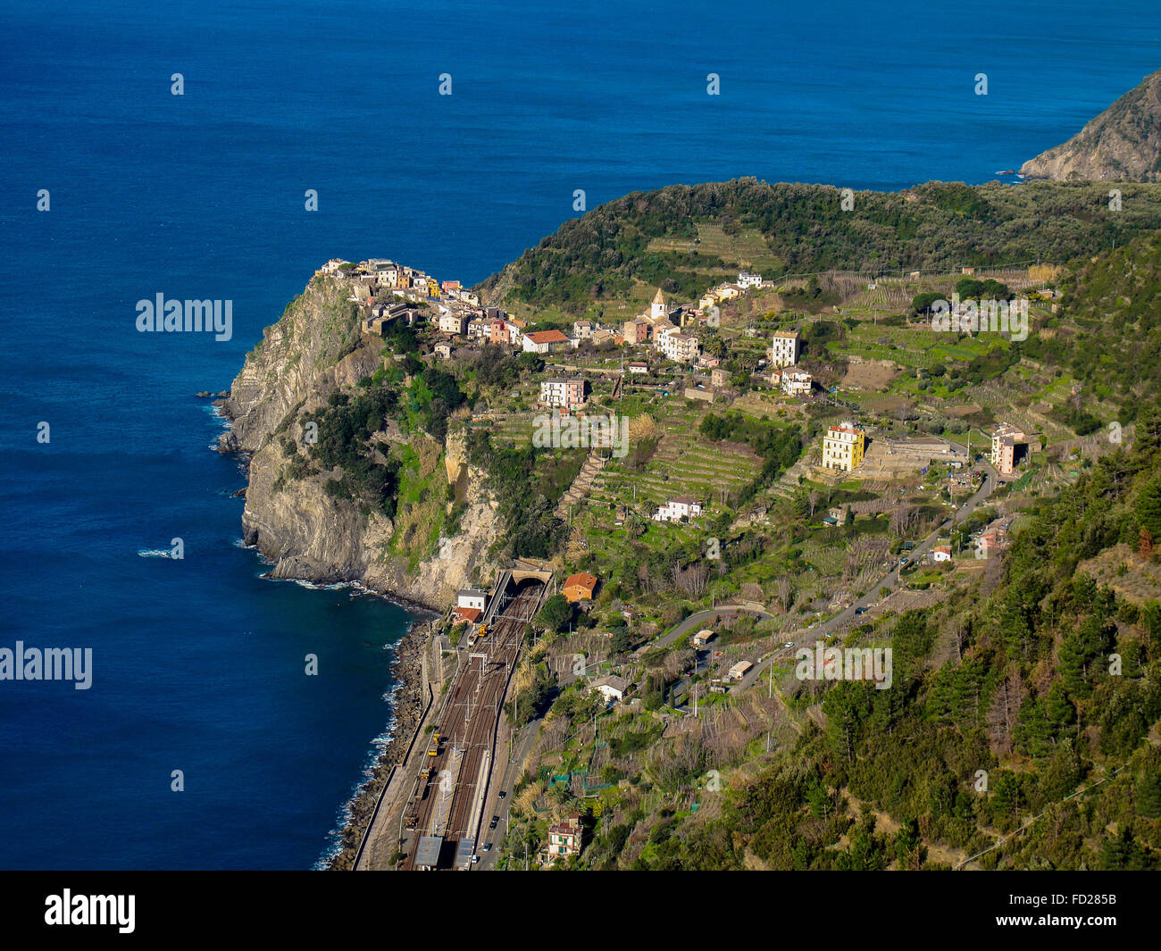 Italy Liguria  5 Terre Corniglia,the railway, the station and the village Stock Photo